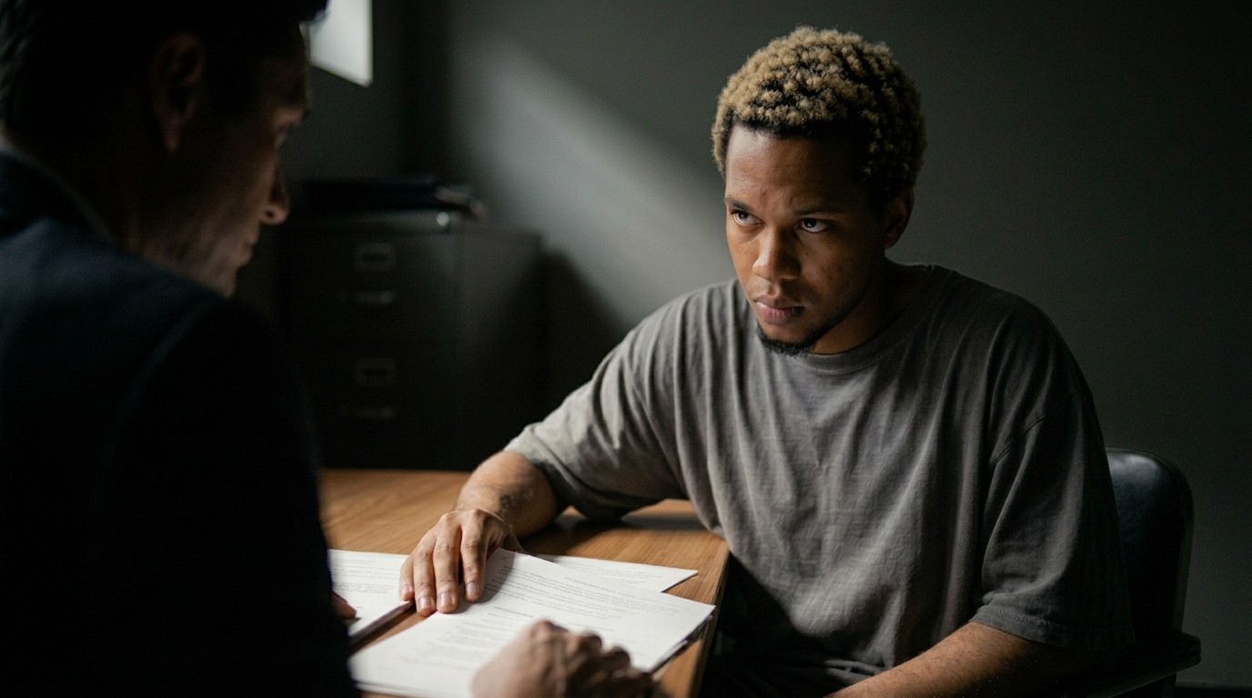 A person with light curly hair and a focused expression sits across a table from another person, engaging in a serious discussion in a dimly lit room.