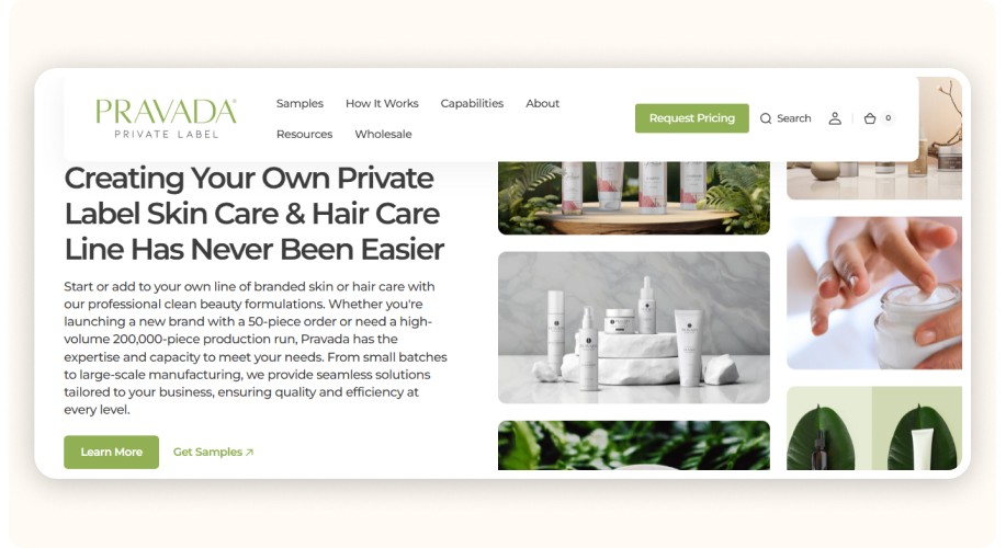 PravaDa Private Label homepage.