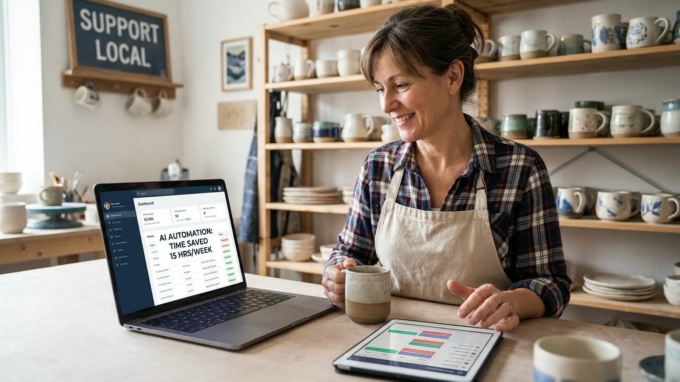 Small business owner saving time with AI automation