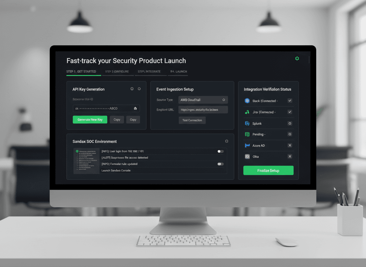 “Cybersecurity SaaS developer onboarding platform with API key generation and security data integration setup.”