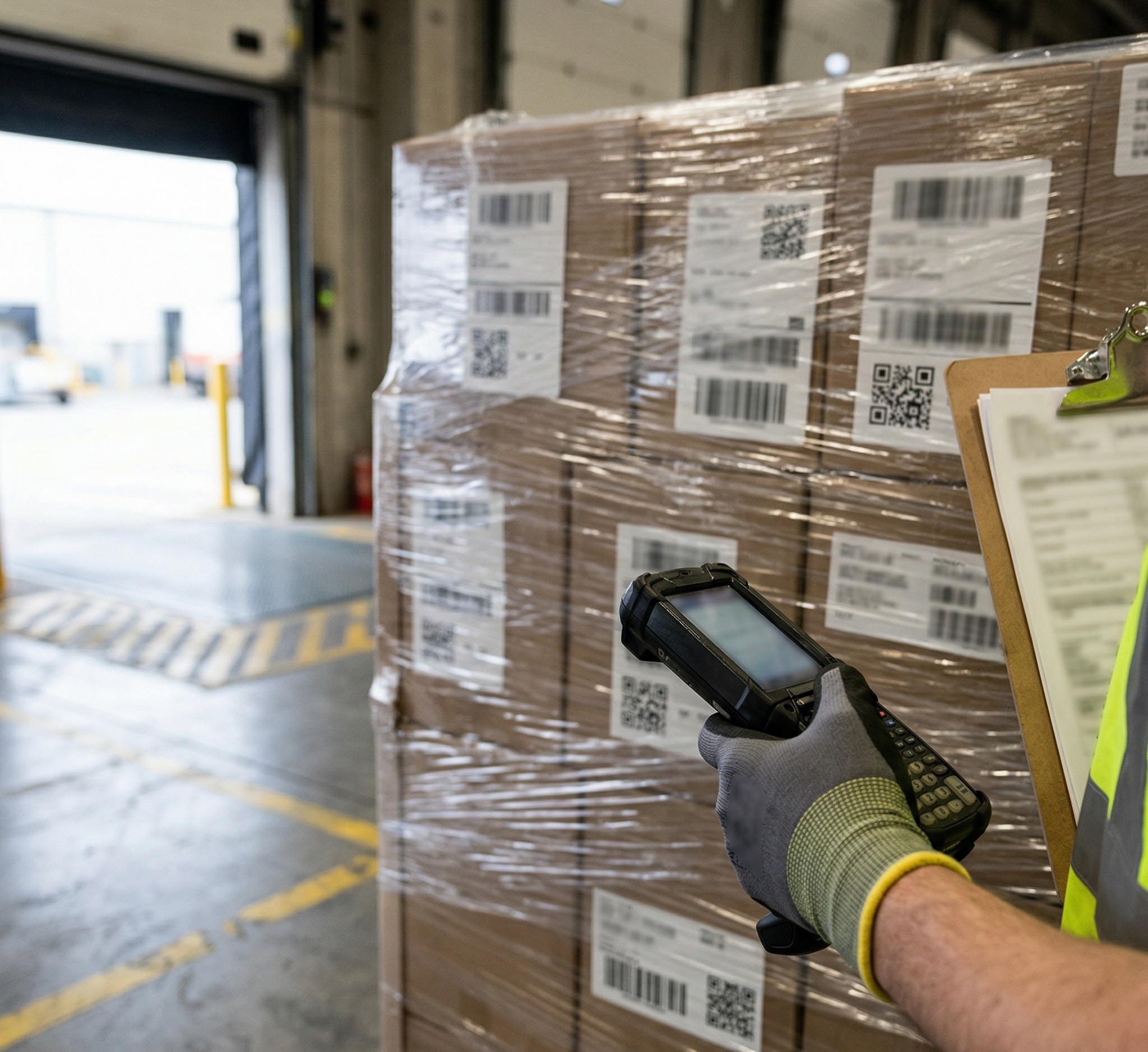 handheld scanner next to pallet of goods with scannable codes