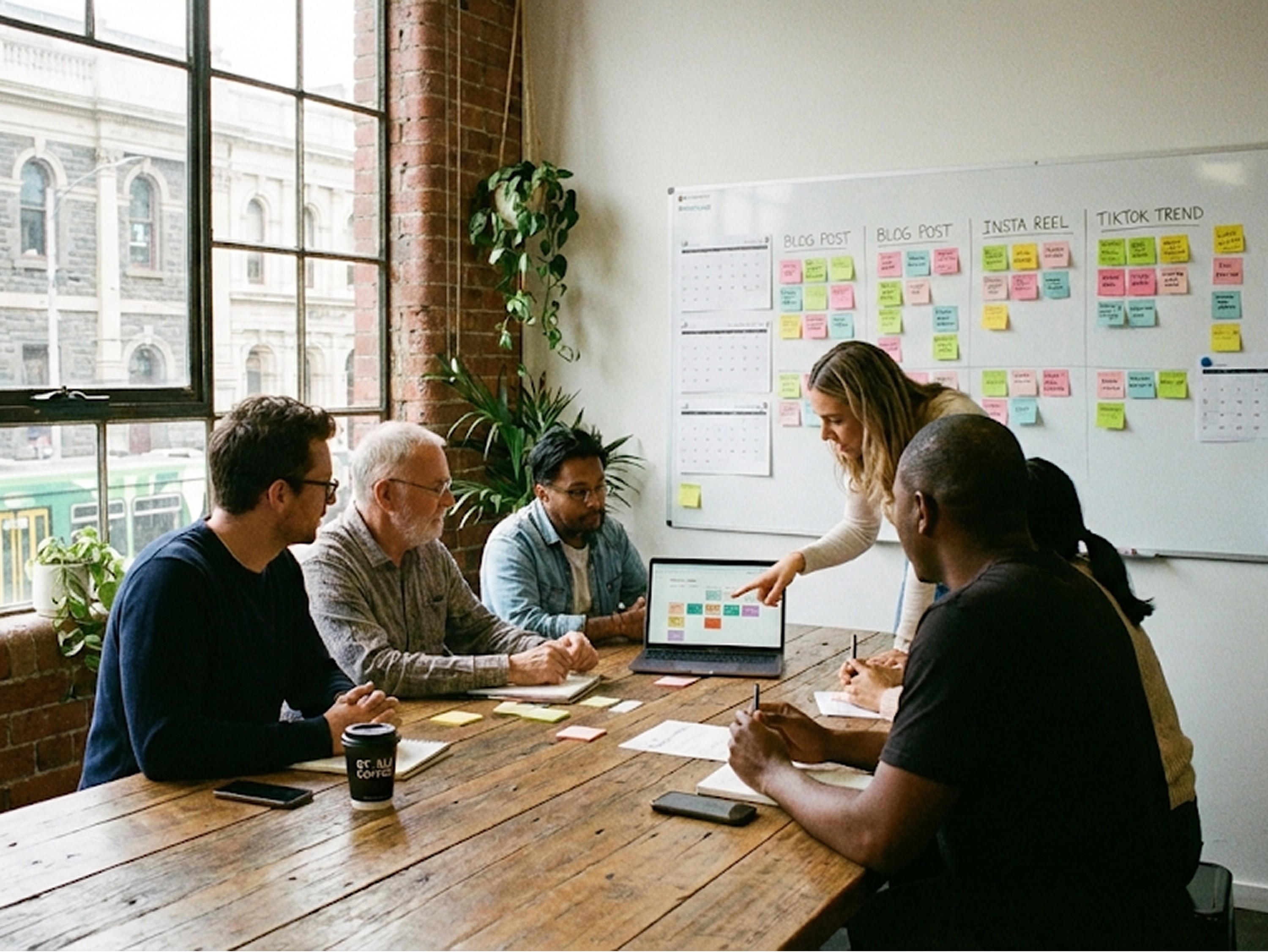 A marketing team around a conference table, planning a social media content calendar