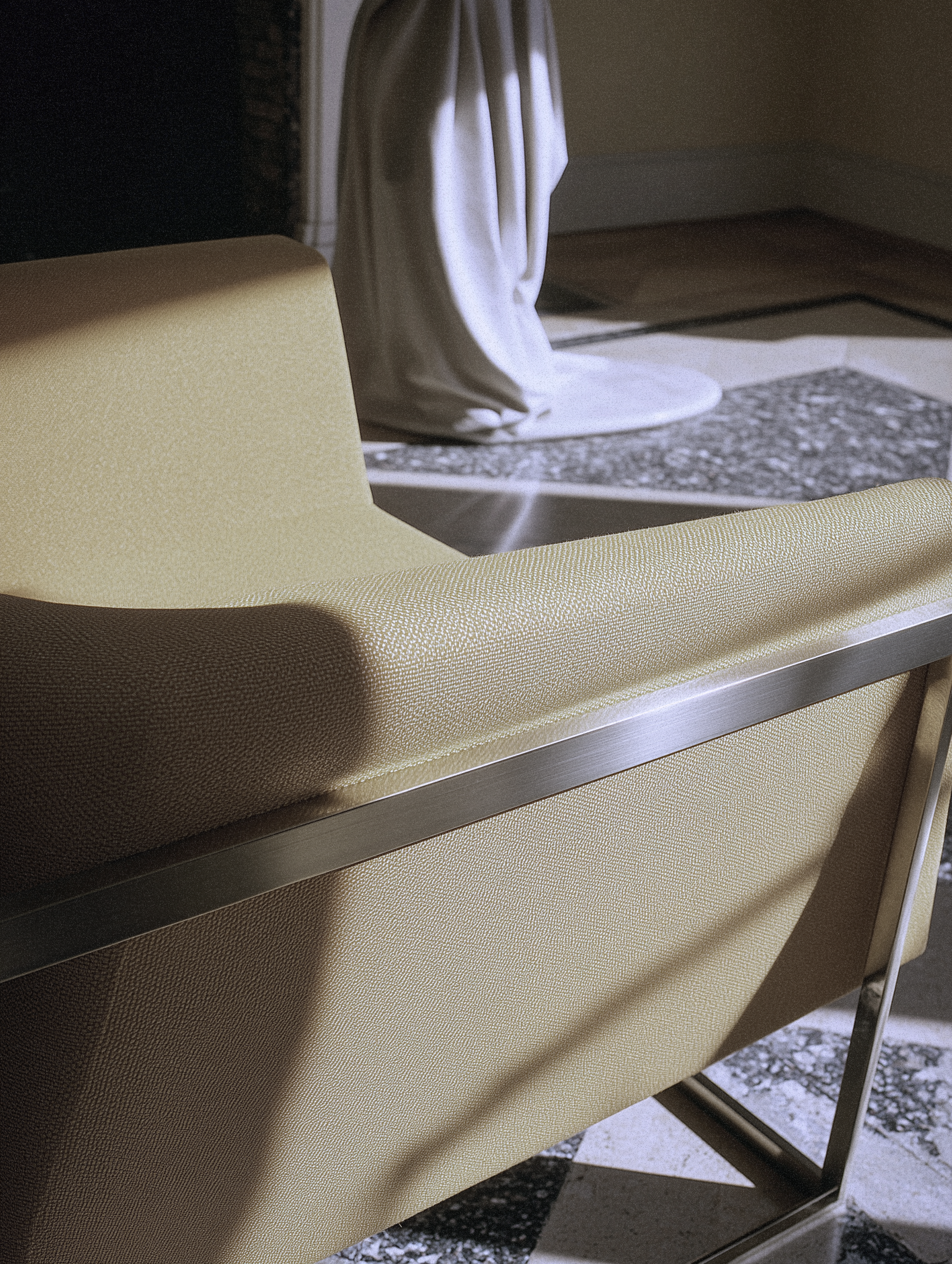 Minimal close-up of a brown leather chair with wooden frame on a soft neutral background