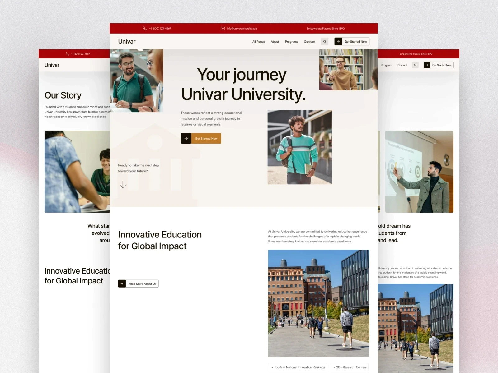 Template mockups showing students, campus building and student walking.