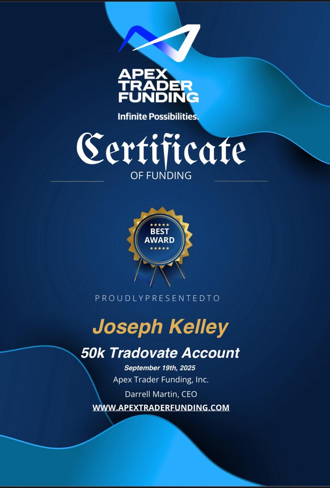 Apex Trader Funding certificate awarded to Evo X member Joseph Kelley, 50k Tradovate account
