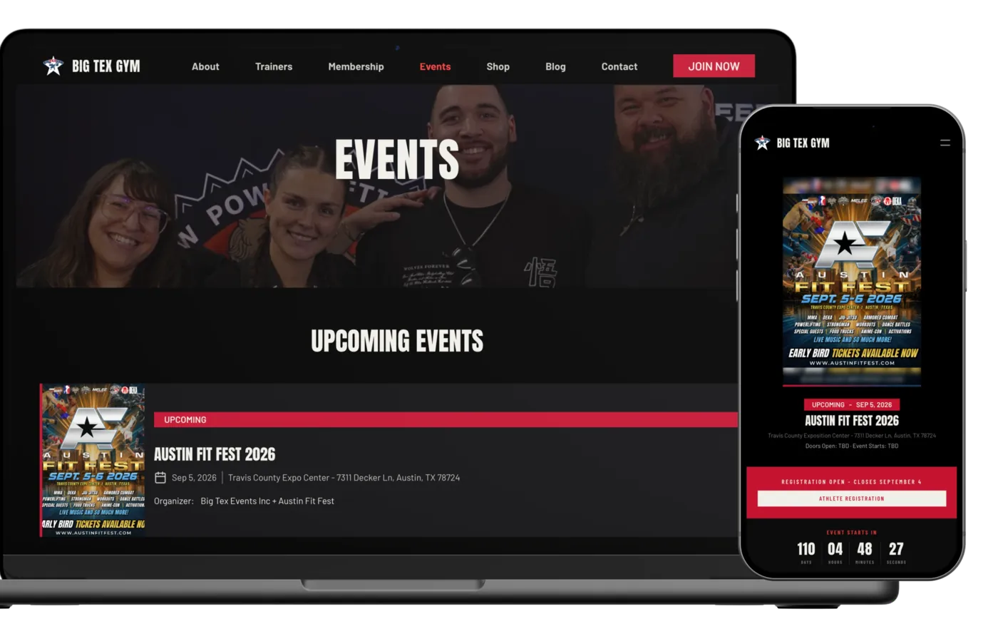 Big tex gym mockups of the events on desktop and mobile