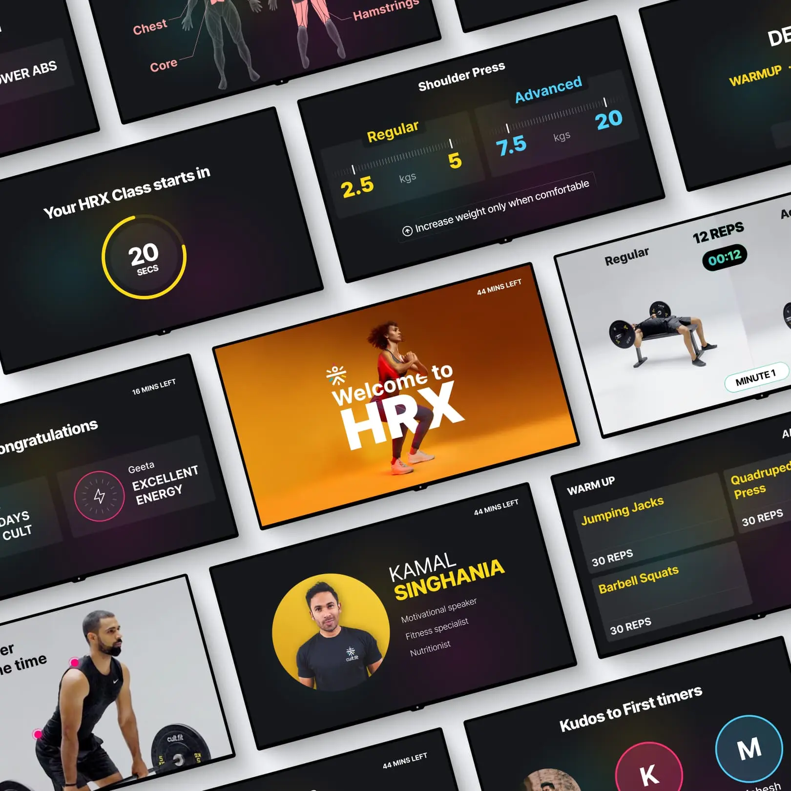 Collage of fitness app screens showcasing various features, including a ‘Welcome to HRX’ message, workout instructions, progress feedback, and trainer introductions.