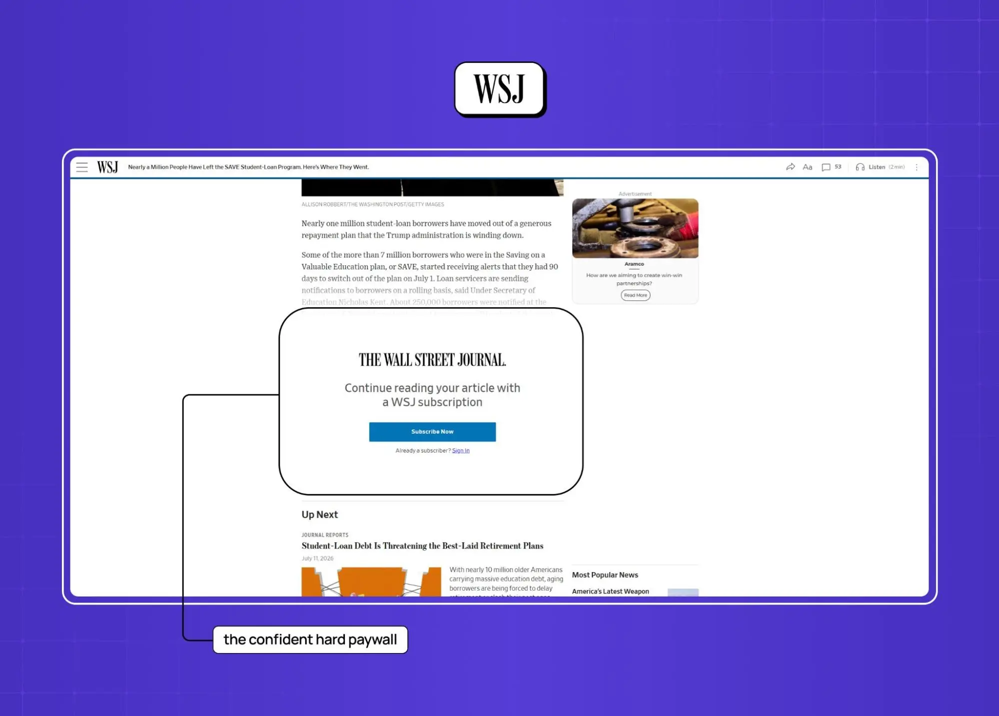 The Wall Street Journal article displaying a hard paywall that blocks further reading with a subscription prompt, illustrating a confident, conversion-focused paywall strategy.