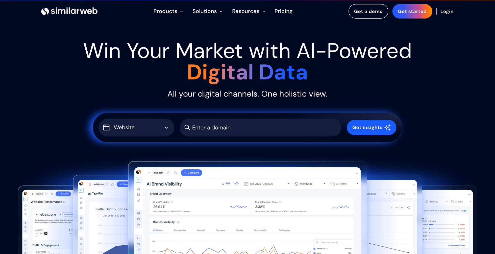 Similarweb homepage showcases AI-powered digital data insights for website performance and brand visibility.