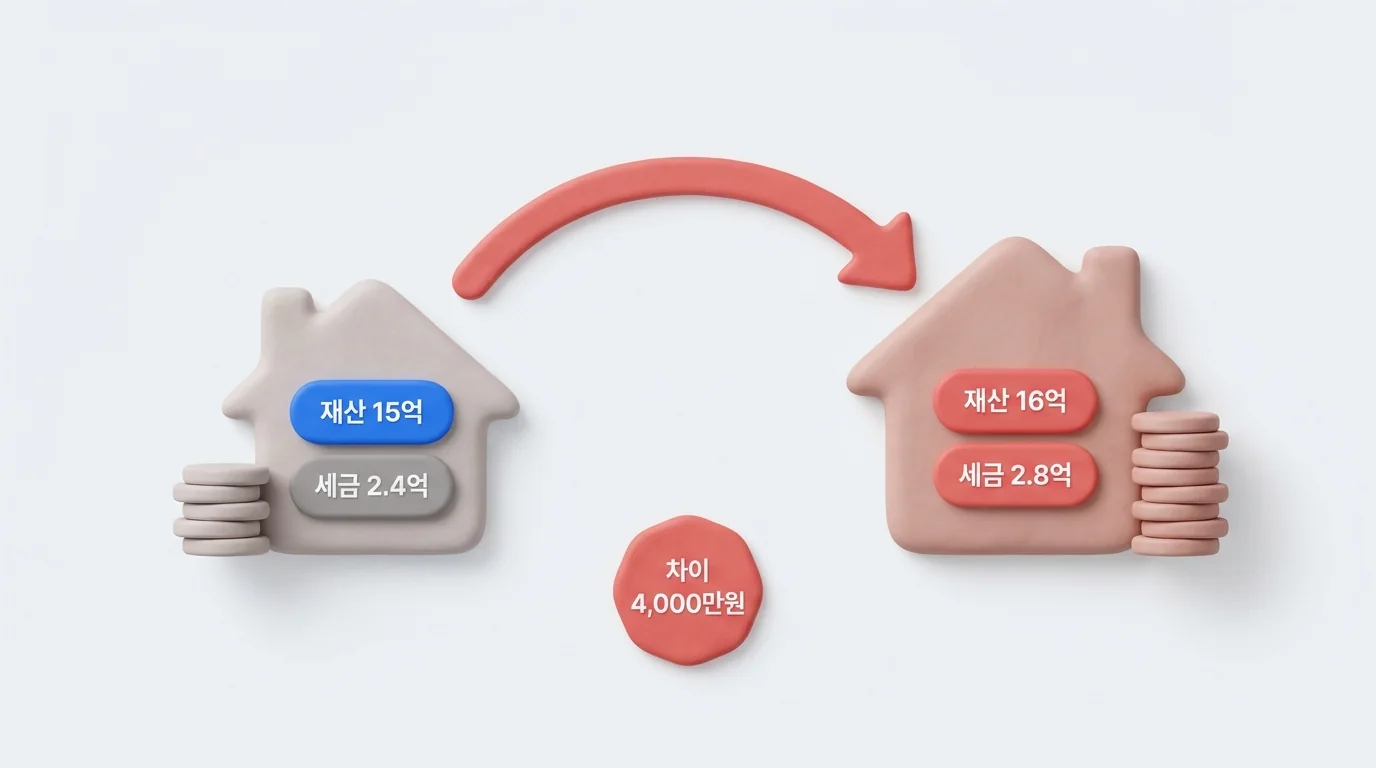재산 15억과 16억의 상속세 비교, 차이 4,000만 원 계산