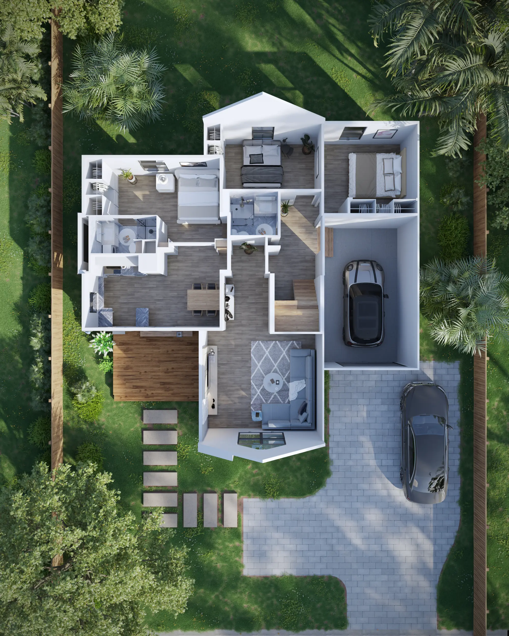 3D floor plan of expanded Mesocore home with bedrooms, garage, and living areas — 1,500 square feet