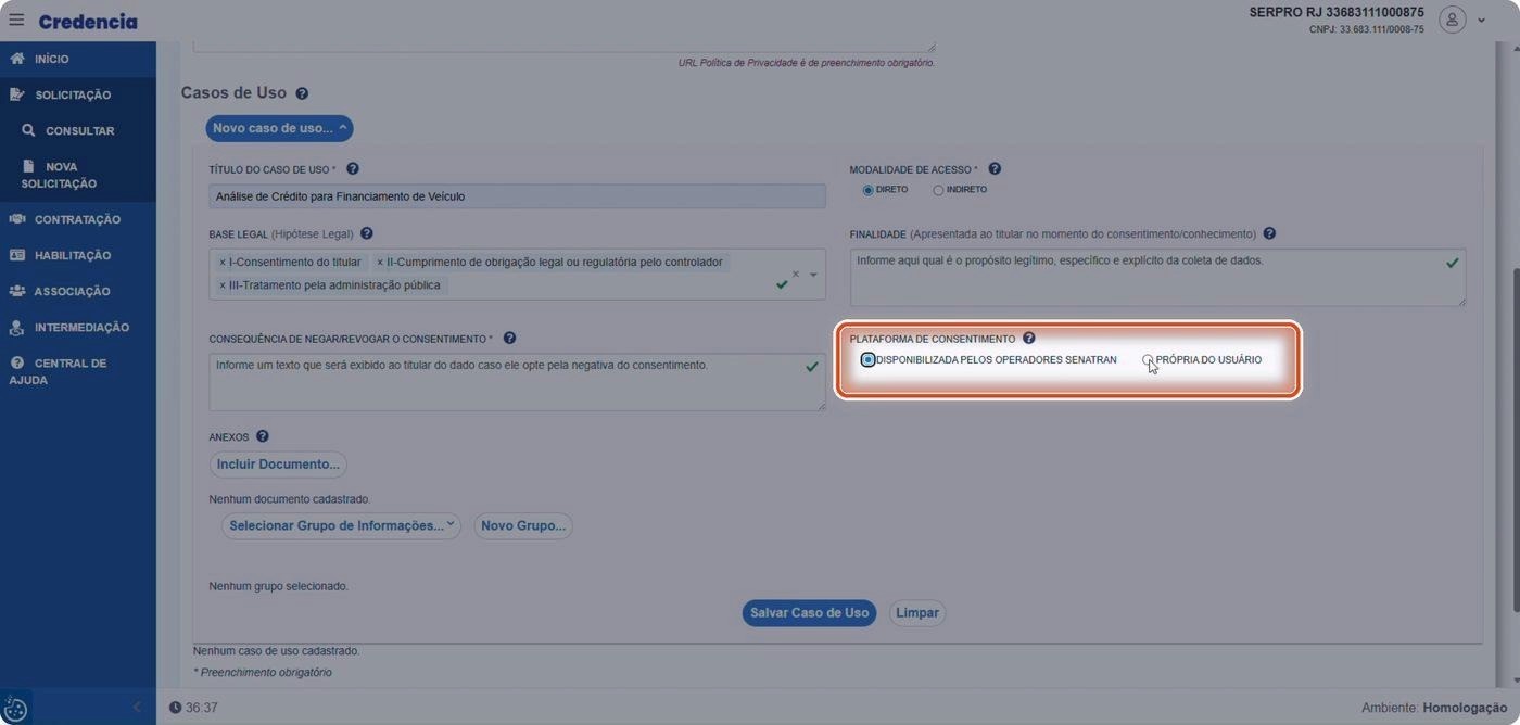 Captura de tela de referência do Credencia para Passo 1 — Selecionar quem disponibilizará a plataforma de consentimento. Contexto: 12 — Plataforma de Consentimento.