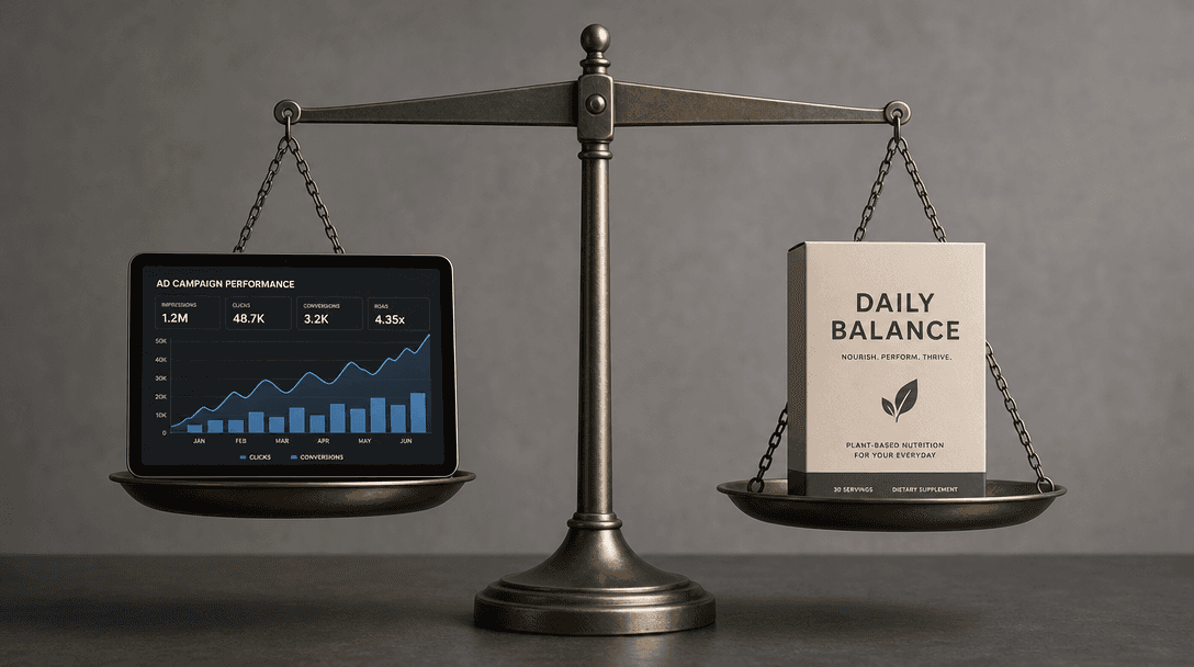 A decorative scale balancing digital analytics and physical products, illustrating different blogging revenue streams.