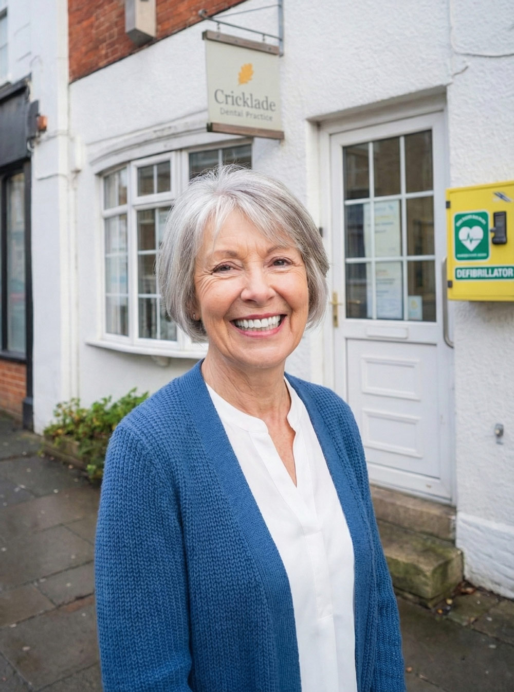 A smiling female patient in a blue knitted cardigan stands outside the brick and white building of Cricklade Dental Practice.