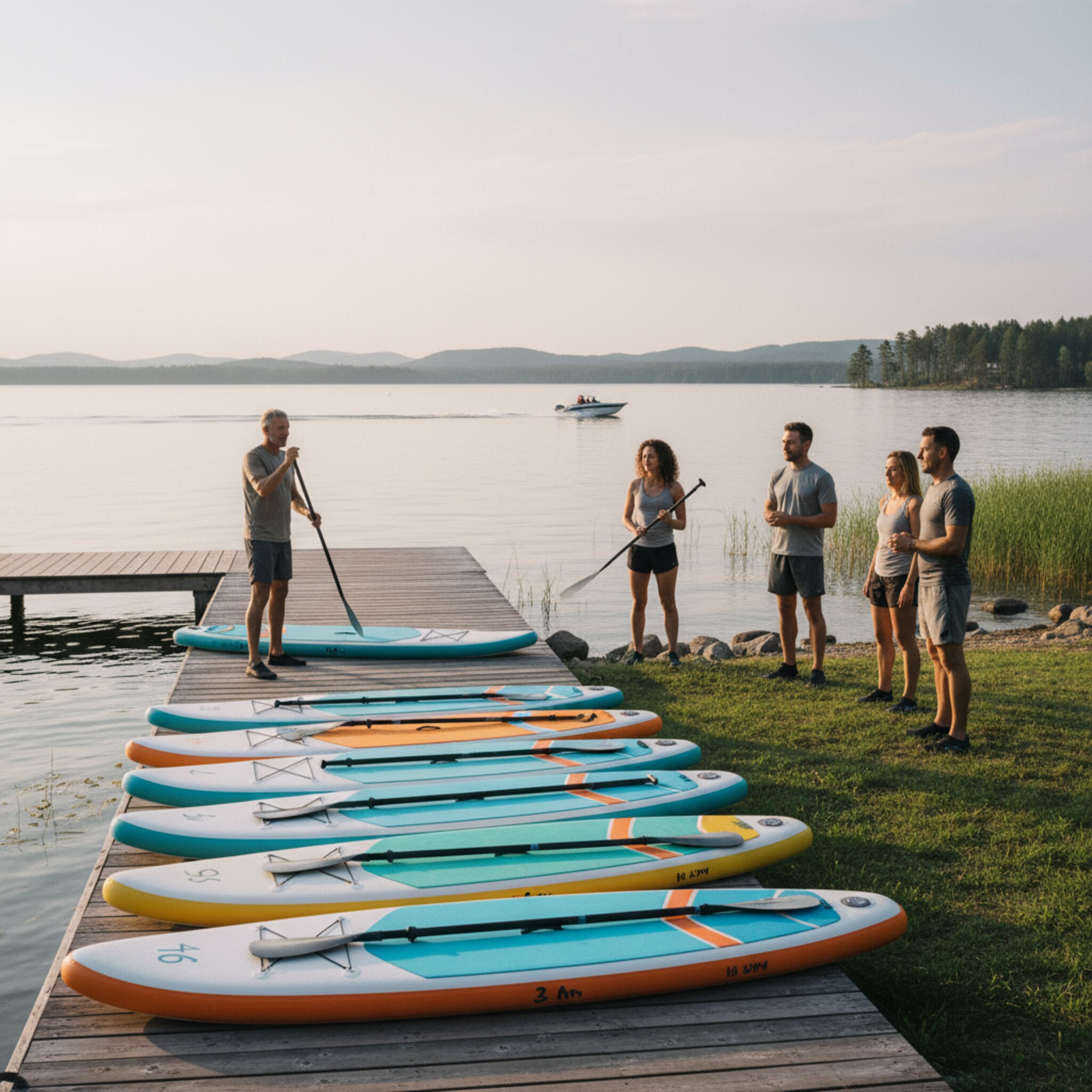 Am Steg liegen farbige Paddel und nummerierte Bretter ordentlich bereit. Eine kleine Gruppe erhält eine kurze Einweisung am Ufer, während am Horizont ein Boot langsam vorbeizieht. Das Wasser ist ruhig, die Stimmung konzentriert und erwartungsvoll. Alles wirkt gut vorbereitet und strukturiert.