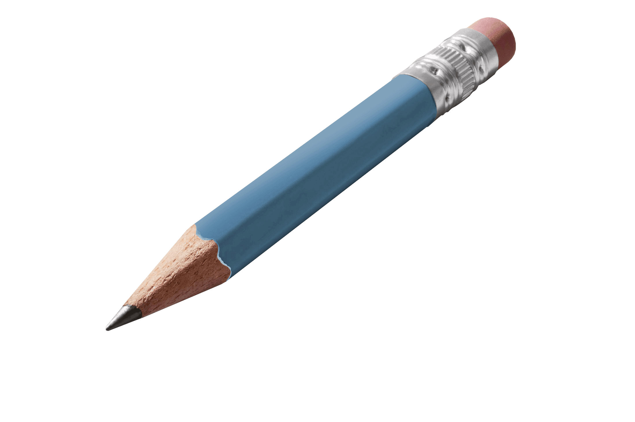 A sharpened blue pencil with a pink eraser, ready for writing or drawing on a surface.