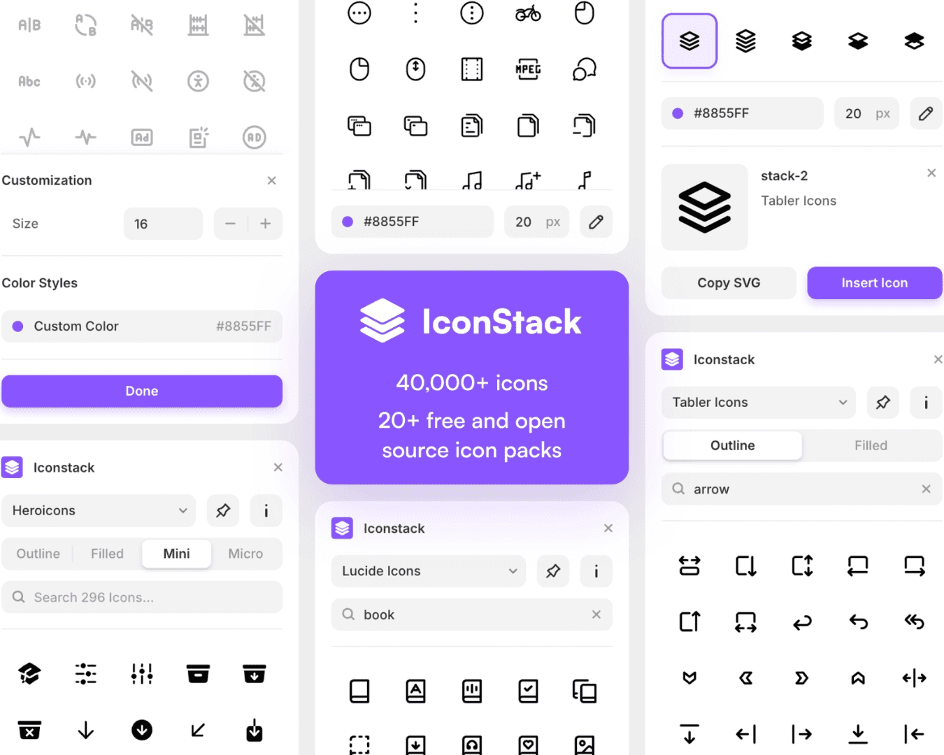 IconStack interface showcasing 40,000+ customizable open-source icons