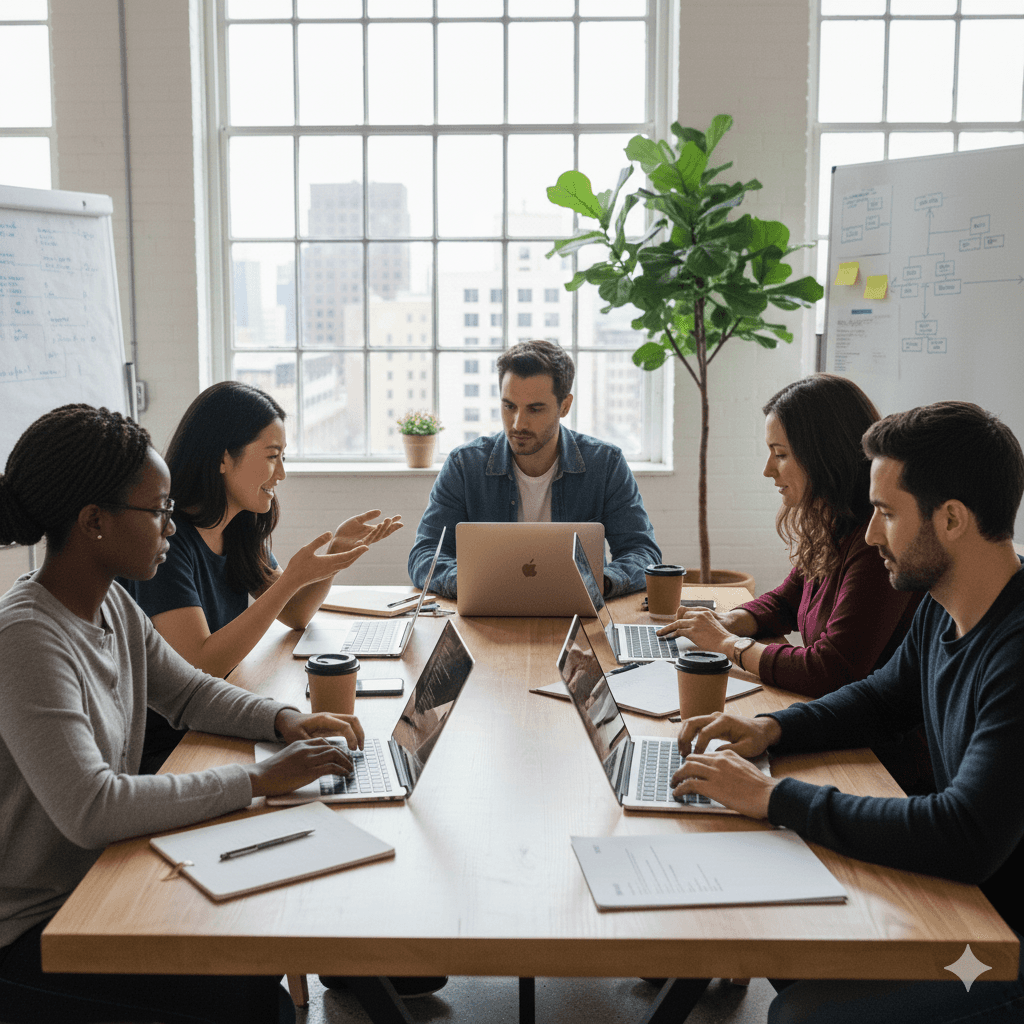 Team member presenting in front of task board, representing collaborative planning.