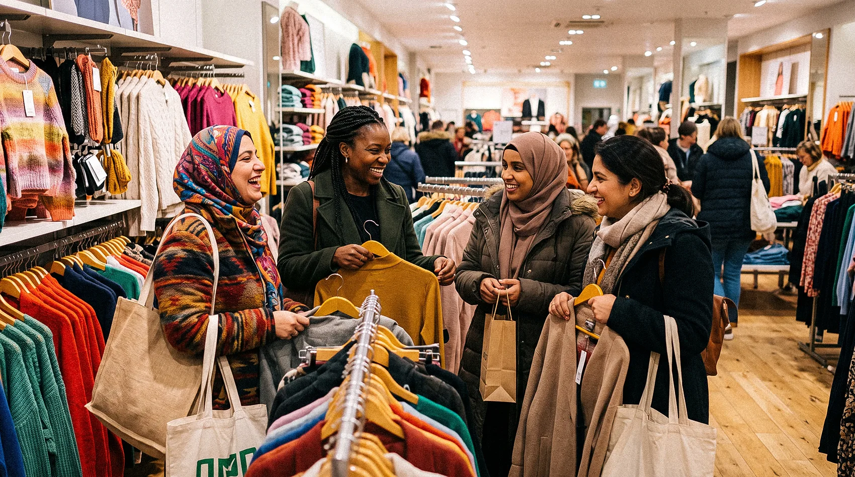 Diverse multicultural communities women shopping together in UK high street retail store - inclusive British retail.