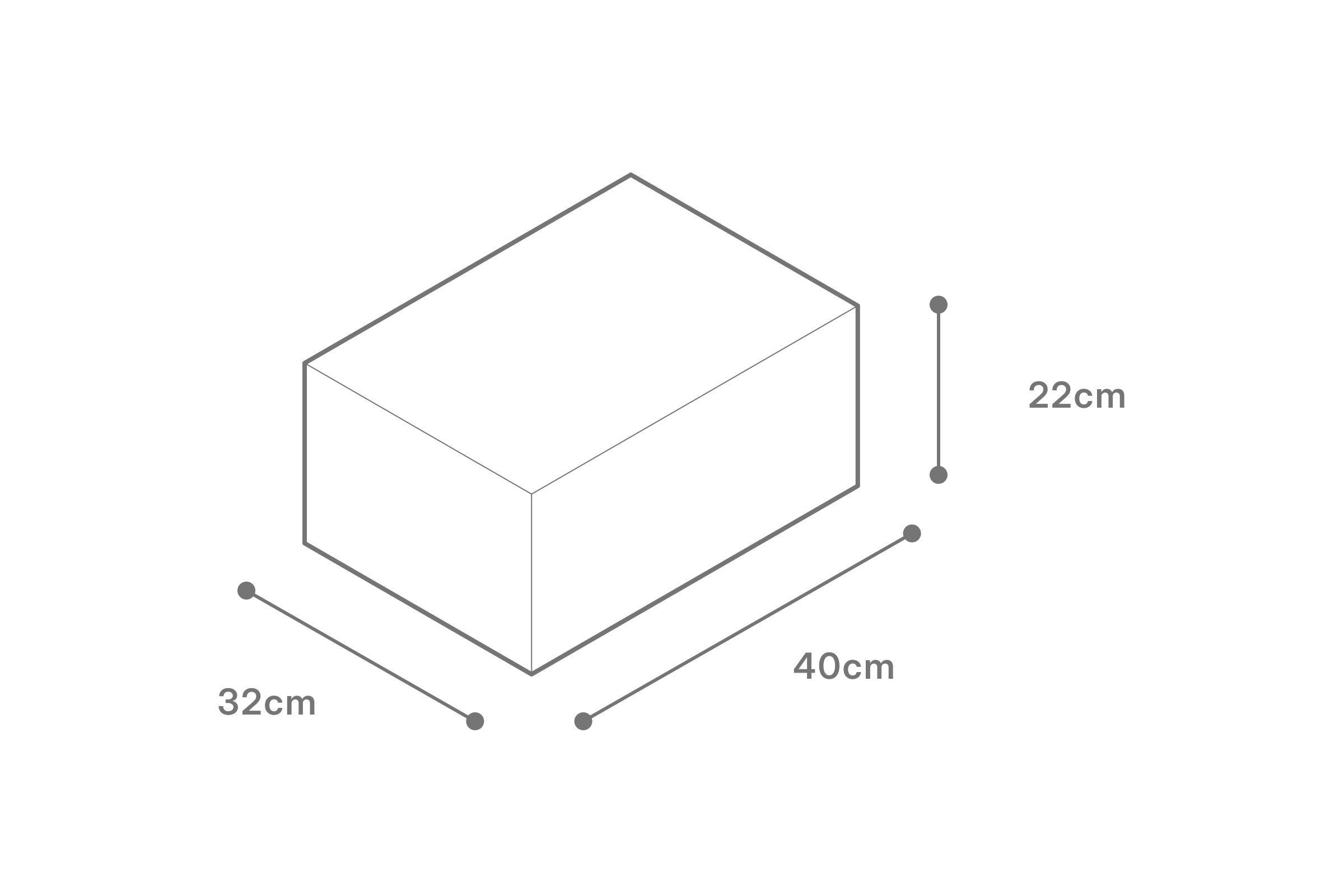 Illustration of shipping box dimensions for Oliver James luxury pool float — 32cm length, 40cm width, and 22cm height for elegant, compact packaging.
