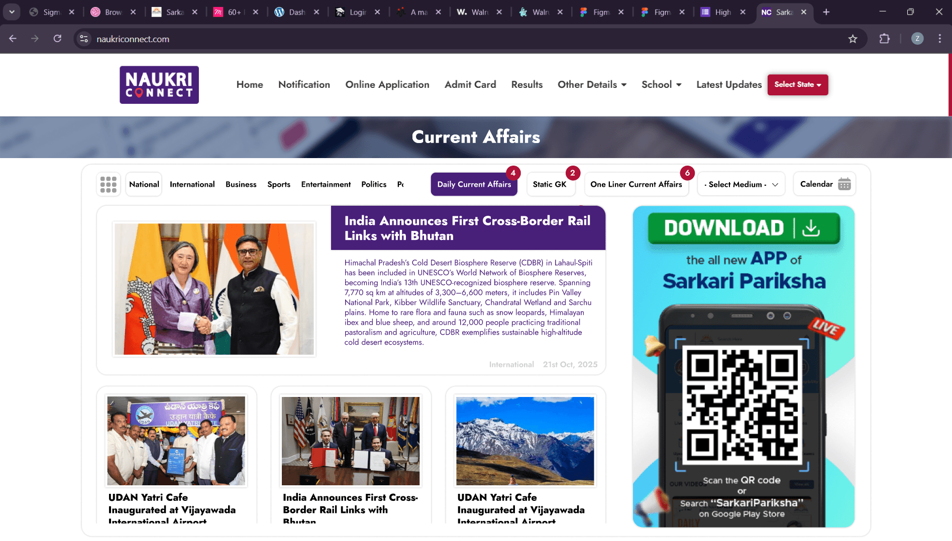 Current Affairs hub with category tabs, featured story and app-download rail