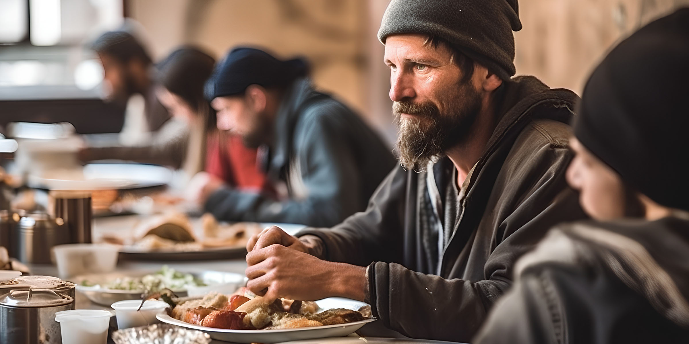 Homeless man sat at a table eating a plate of food