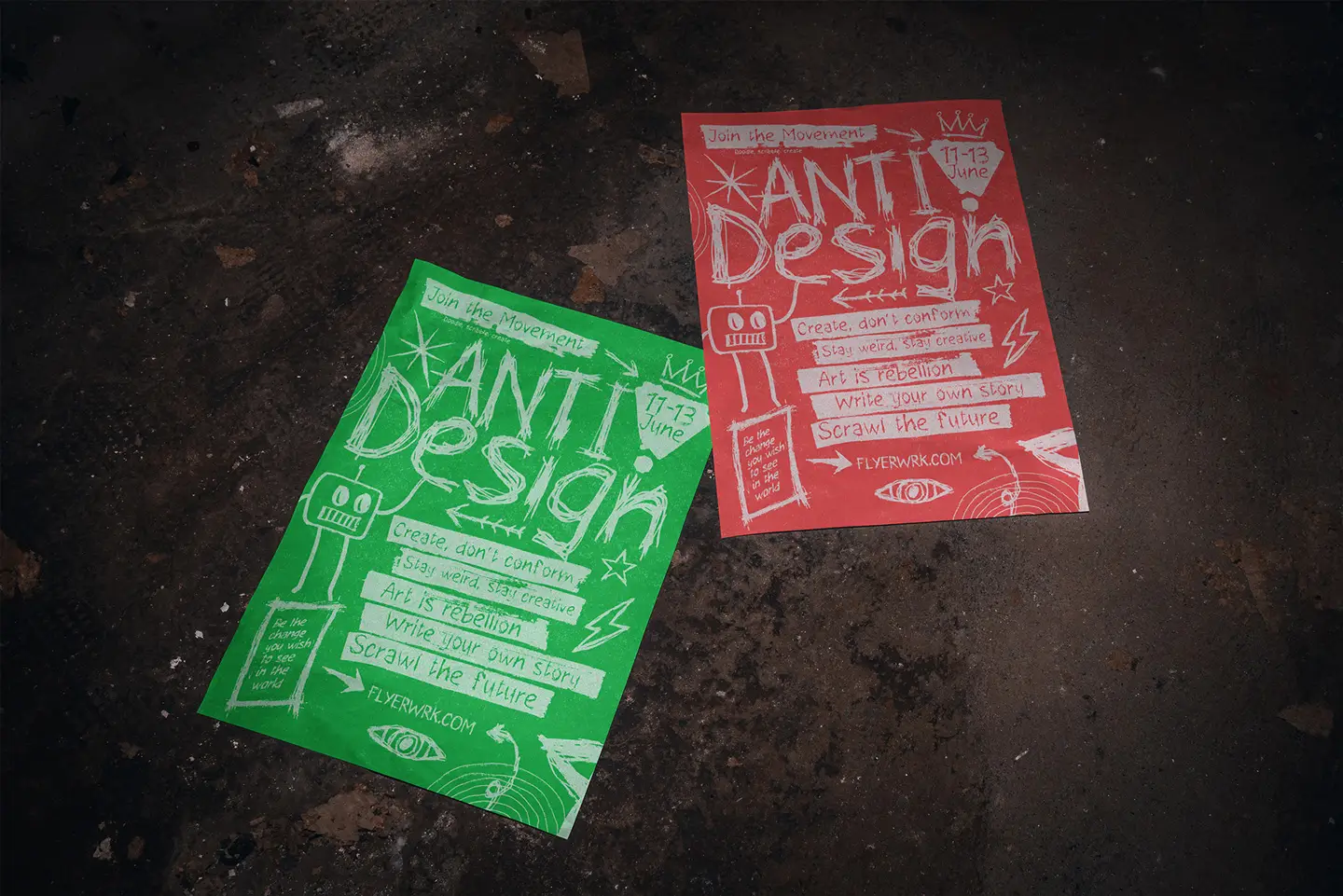 A3 poster mockup lying loosely on gritty basement floor texture