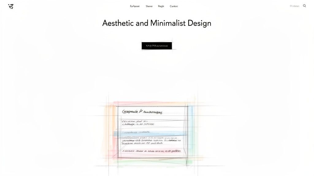Clean website layout with 'Aesthetic and Minimalist Design' heading and a colorful UI sketch.