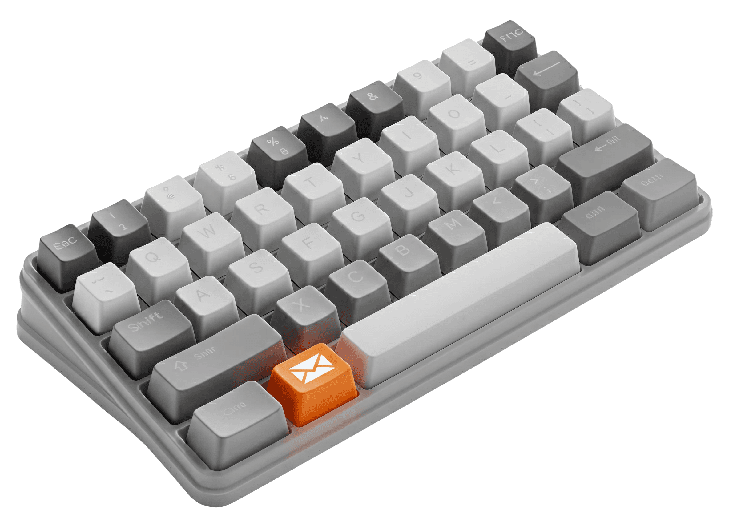 Grey and white compact keyboard with an orange mail icon key.