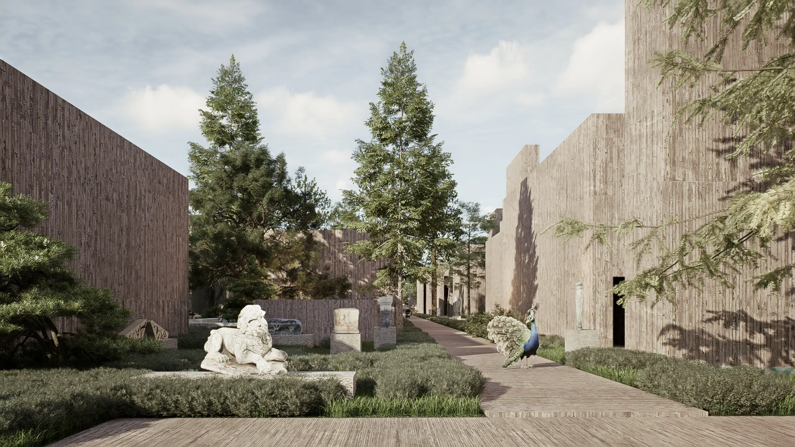 Museum courtyard with a lion sculpture and a path winding through the landscape