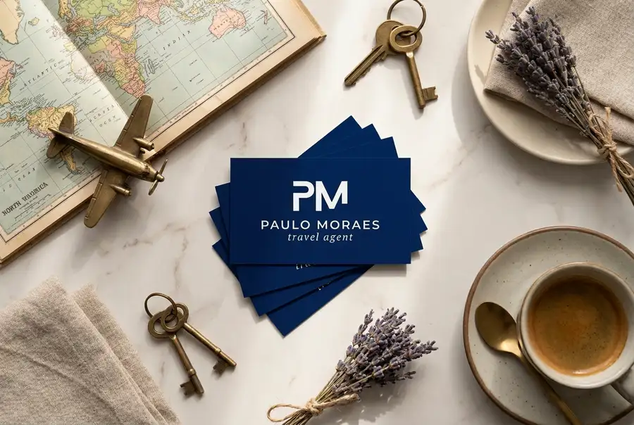 Paulo Moraes travel agent business card stack on marble with a vintage map, toy airplane, and espresso