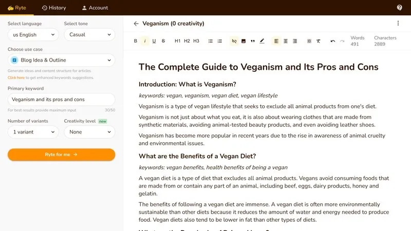"Rytr AI tool transforming simple writing prompts into well-structured stories for fiction and content writing.