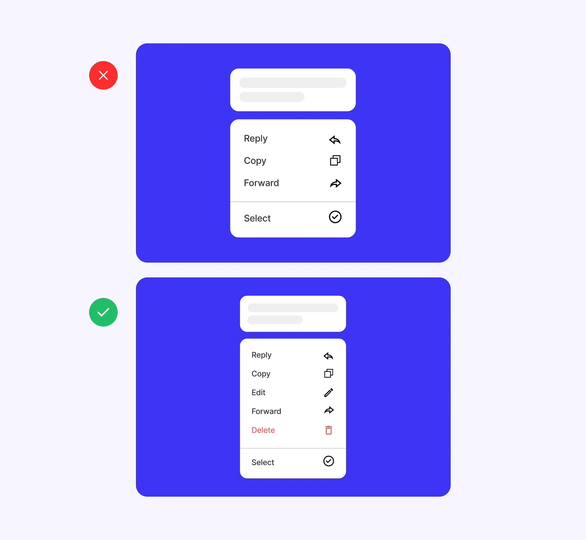 Comparación de menús contextuales: acciones limitadas vs. un menú que agrega Editar y Eliminar para ofrecer mayor control y recuperación al usuari