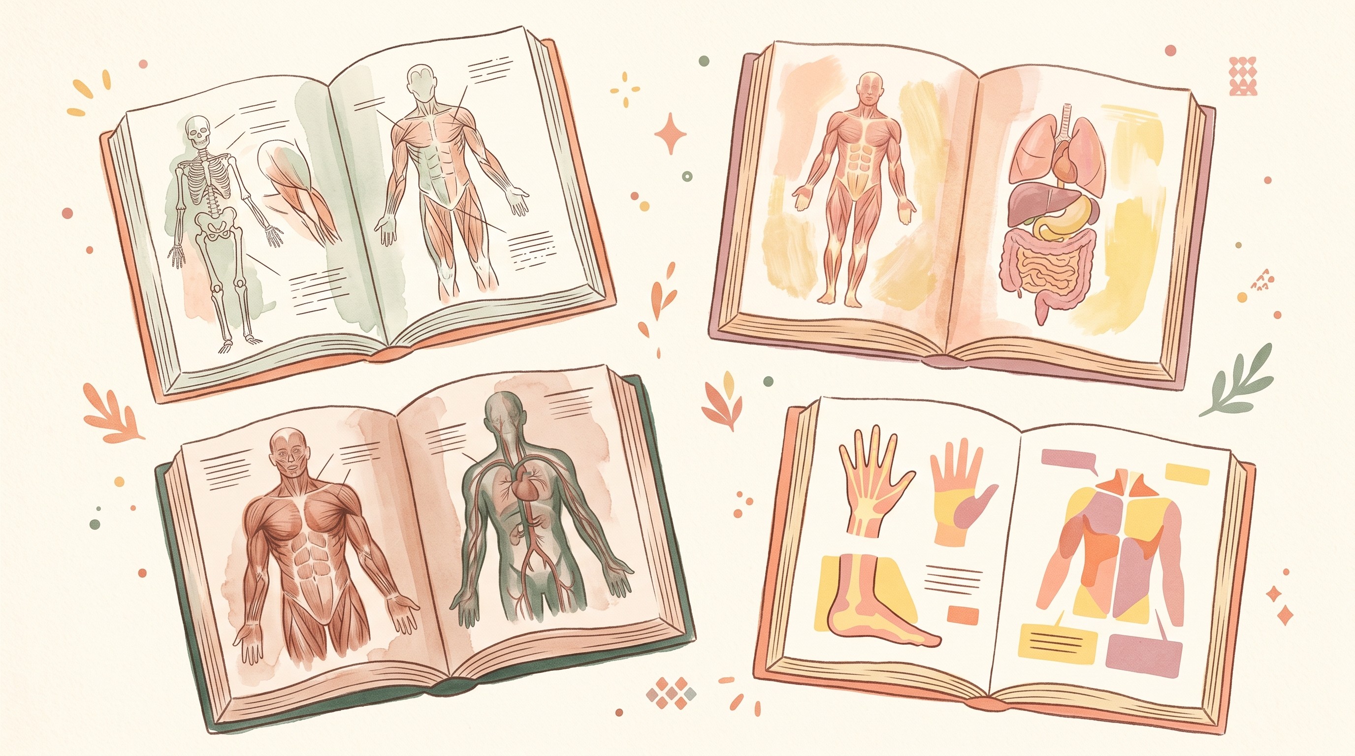 Four open anatomy textbooks with varied illustration styles