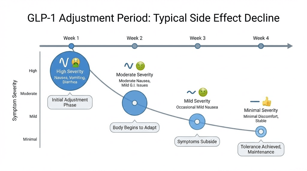 GLP-1 side effects timeline showing typical adjustment period over four weeks