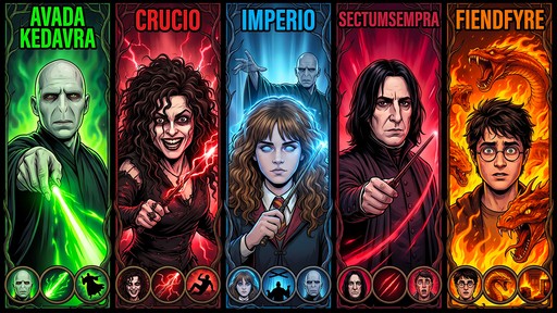 Harry Potter YouTube thumbnail comic book illustration style spell names design
