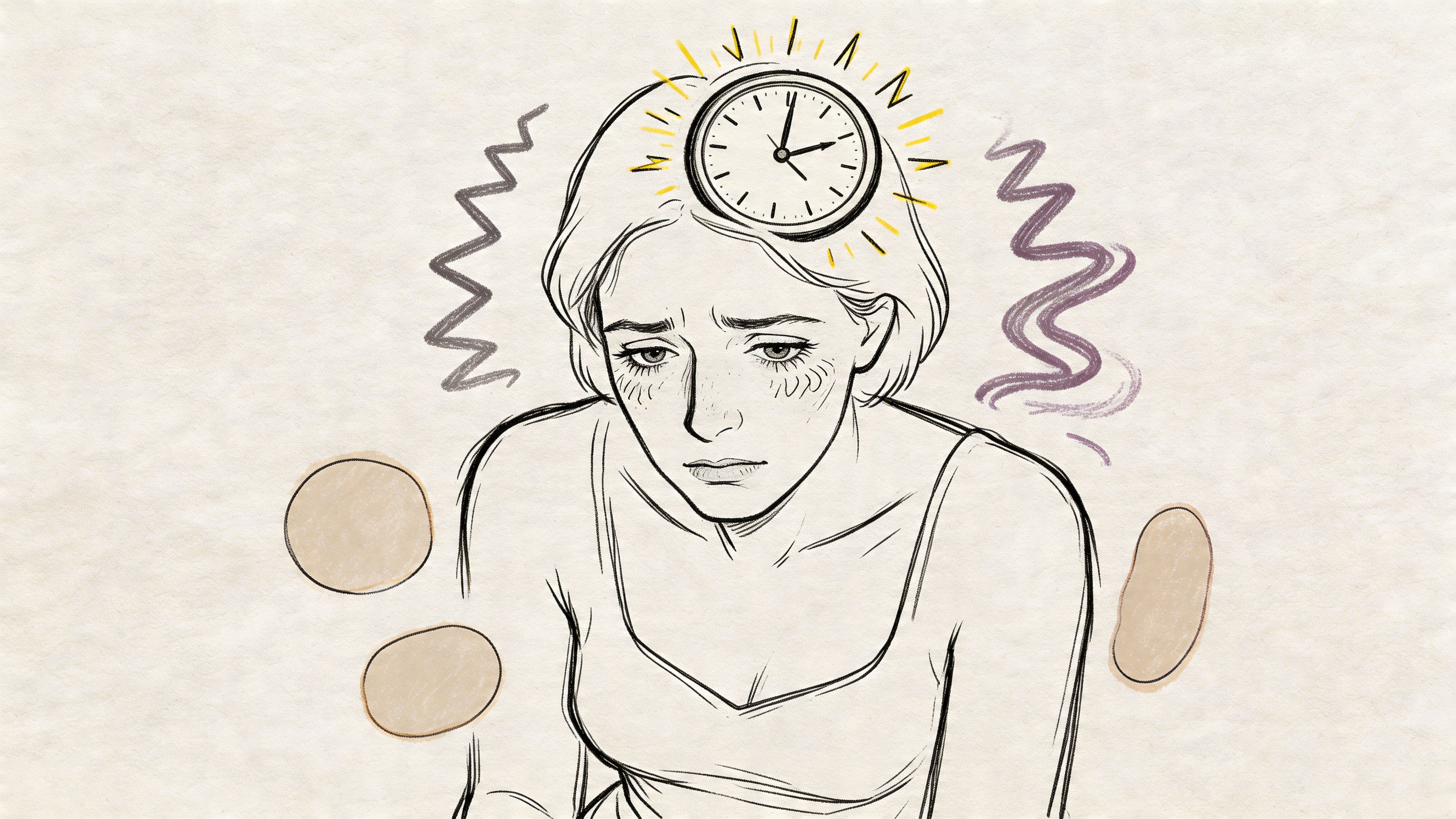 A line art illustration of a stressed person with a clock hovering over their head representing time anxiety.