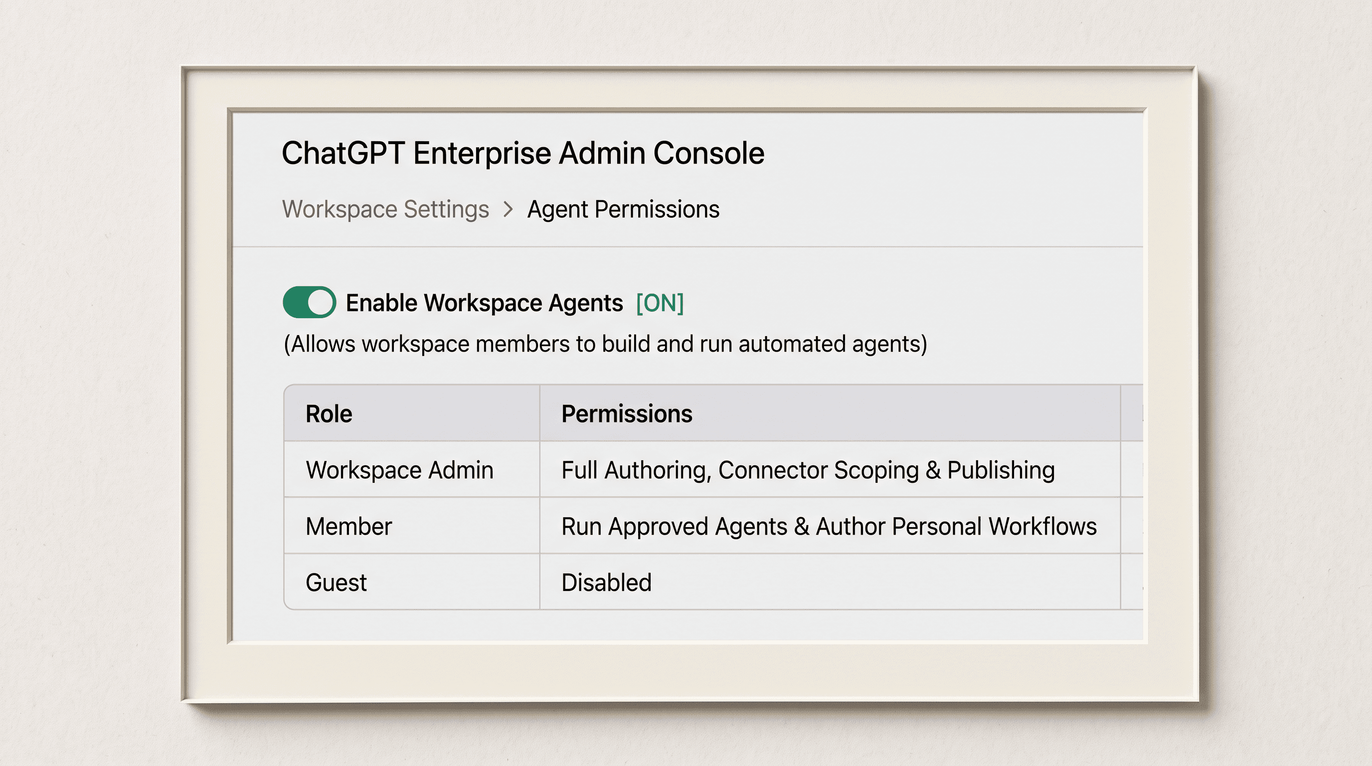 Teaching reconstruction of ChatGPT Enterprise Admin Console with Workspace Agent enablement toggle and RBAC settings