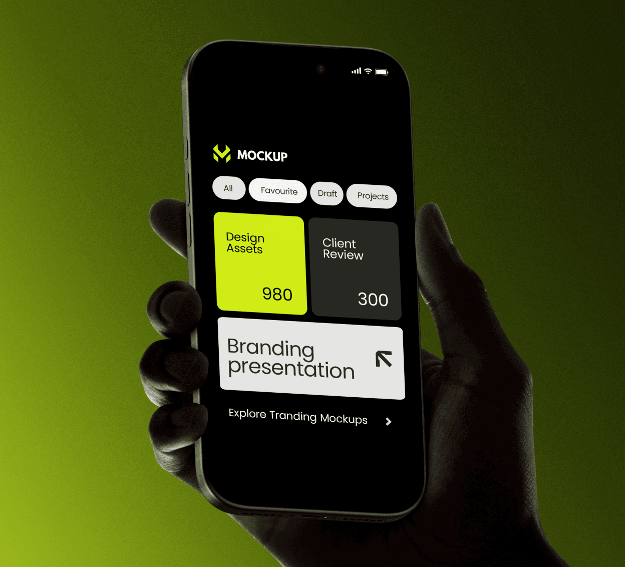 A close-up of a hand holding an iPhone with a dark mode "Creative Dashboard" UI design, set against a blurred green background with cinematic lighting.