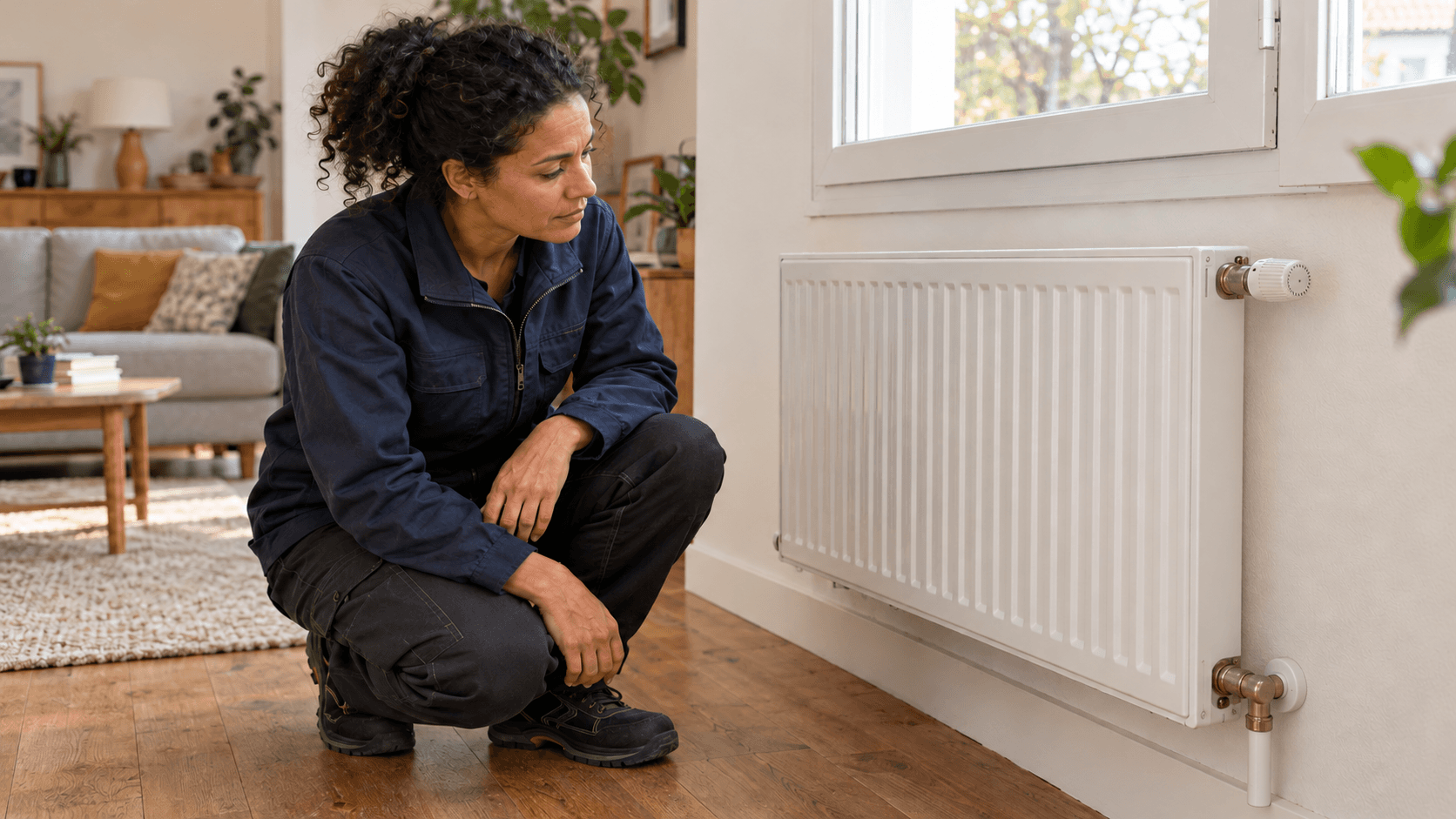 Une technicienne accroupie observe un radiateur à eau fermé dans le séjour d’une maison, sans démontage.