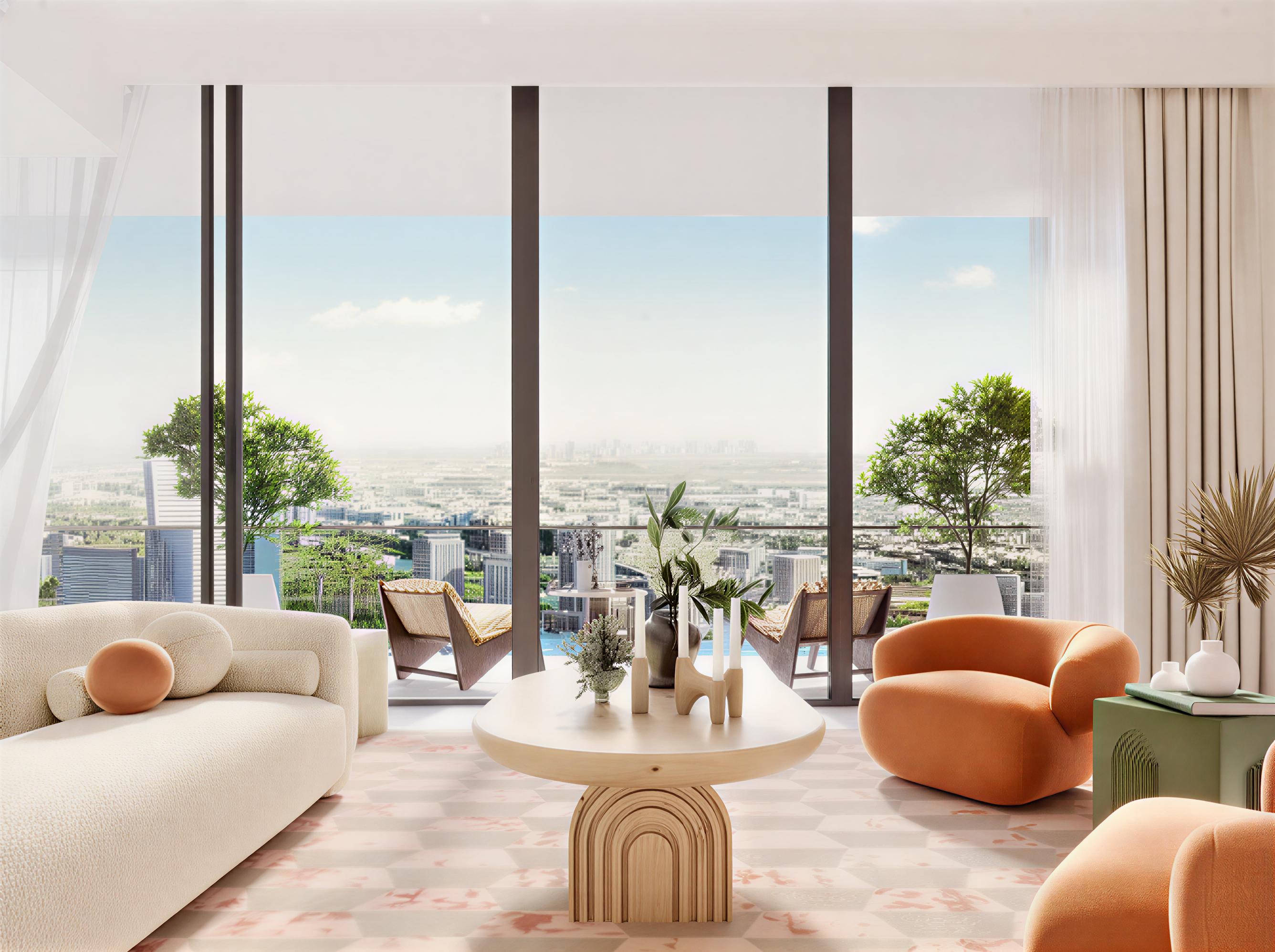 Stylish lobby of a new apartment building, decorated with surf motifs and comfortable seating areas.