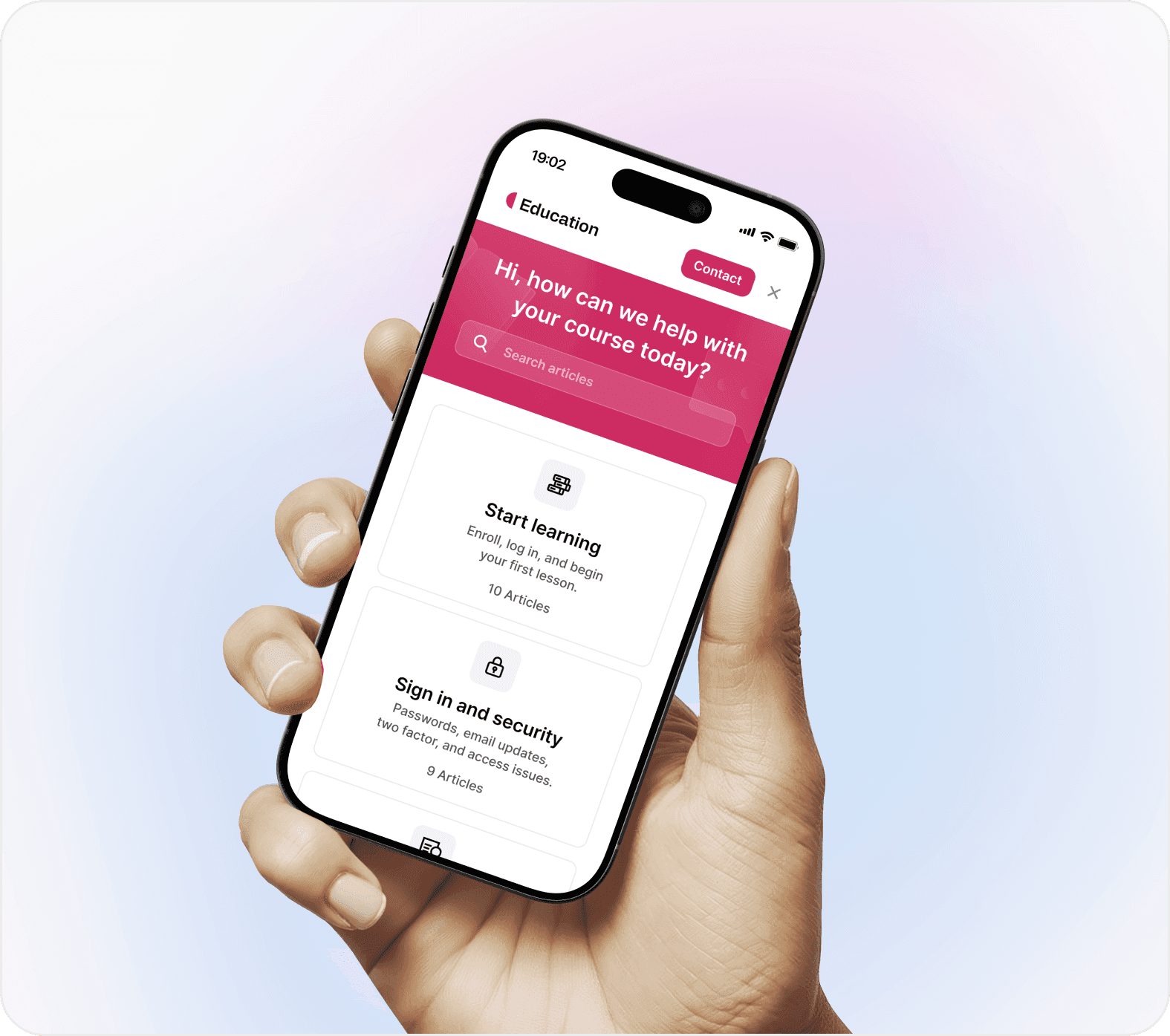 Mobile view of an online course help center with learning and account support categories.