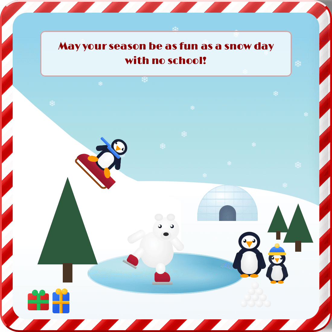 Exported holiday postcard featuring a winter wonderland scene with sledding penguins, ice-skating polar bears, snowy landscapes, and a festive illustrated style.