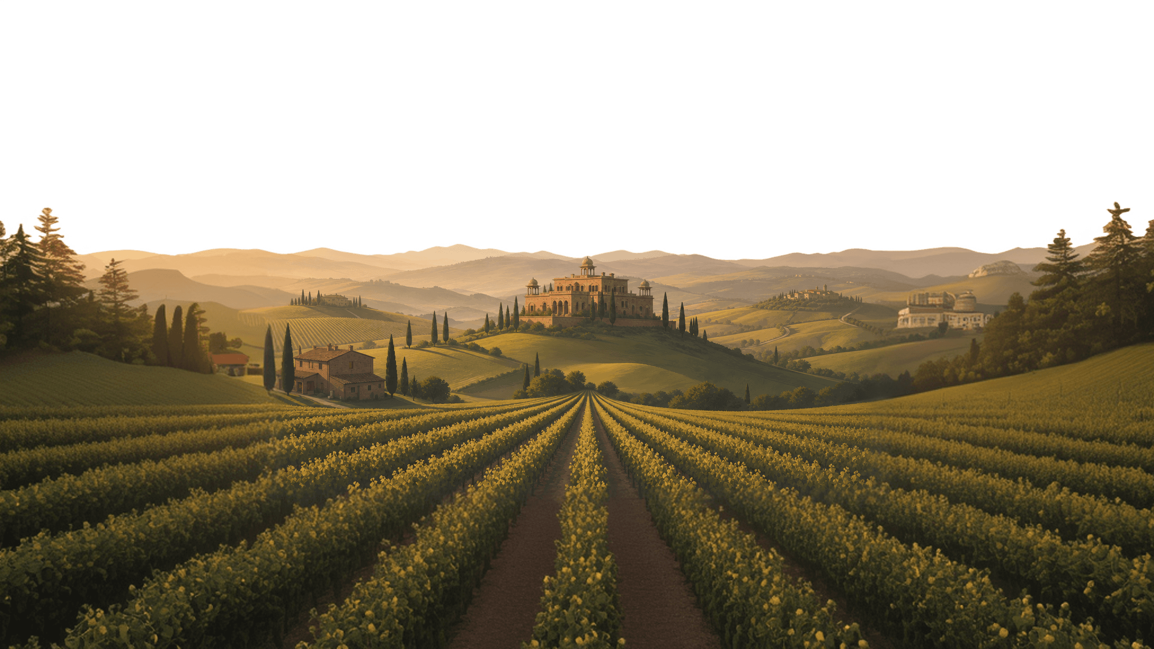Landscape with a vineyard in rows leading to a building with a tower, rolling hills in the distance.