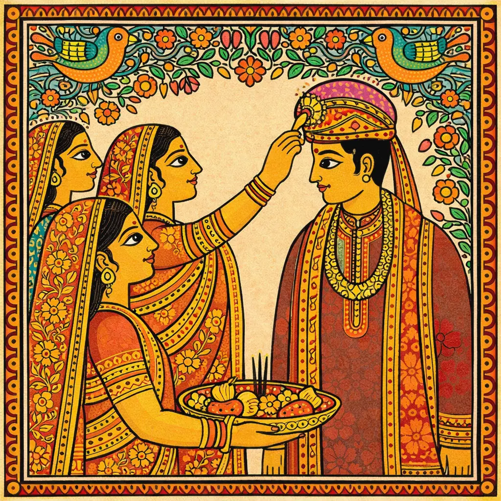 madhubani painting- women doing arti of the groom