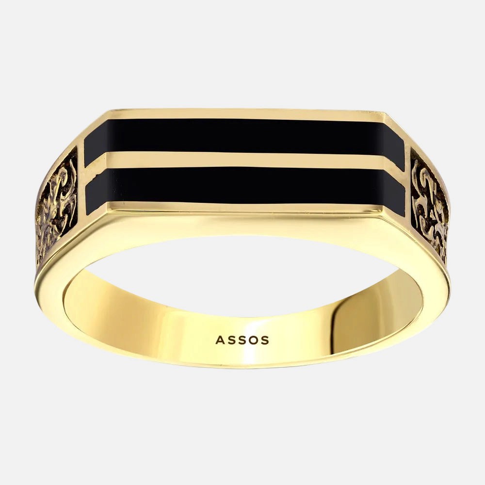 Assos Pırlanta 14 Ayar Altın Siyah Detaylı Şık Erkek Yüzüğü
