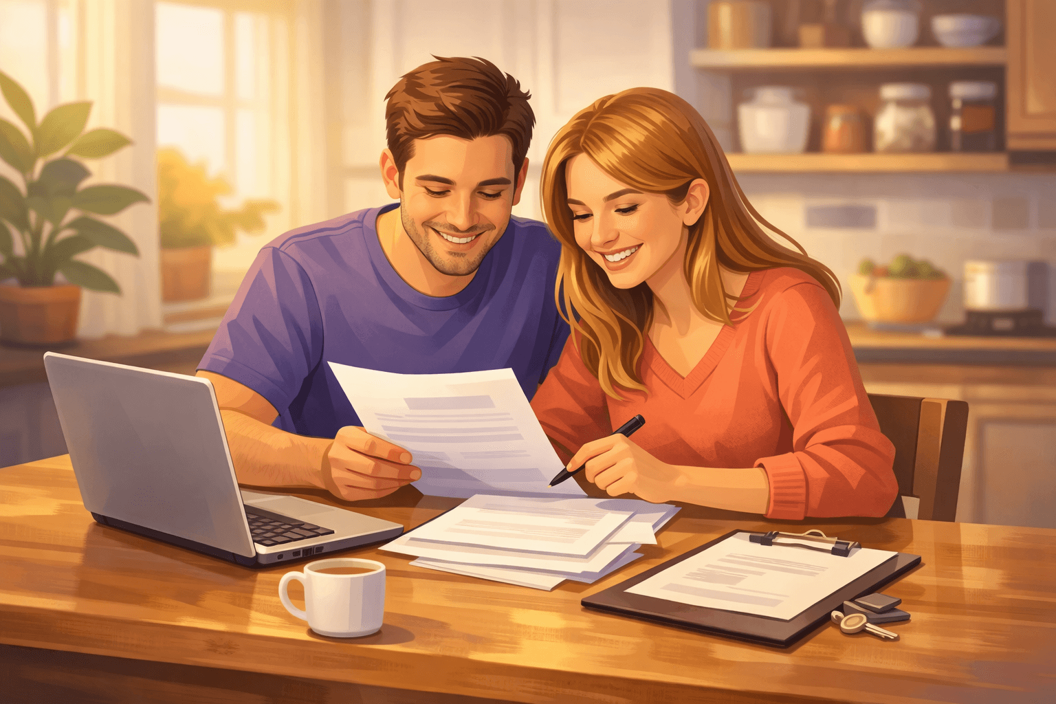 Couple reviewing property settlement documents at home in Victoria