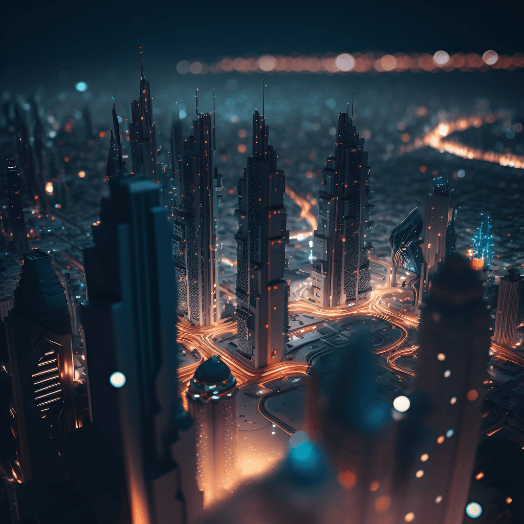 Futuristic cityscape with illuminated skyscrapers and glowing orange light trails at night