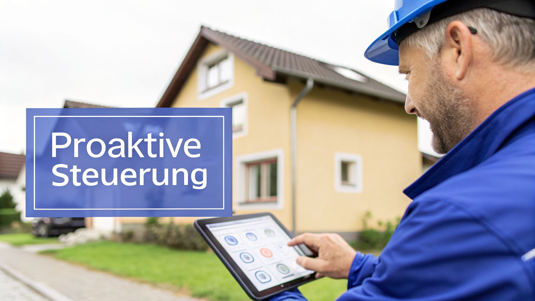 Ein Techniker steuert proaktiv ein Haus über ein Tablet für Smart-Home-Management.
