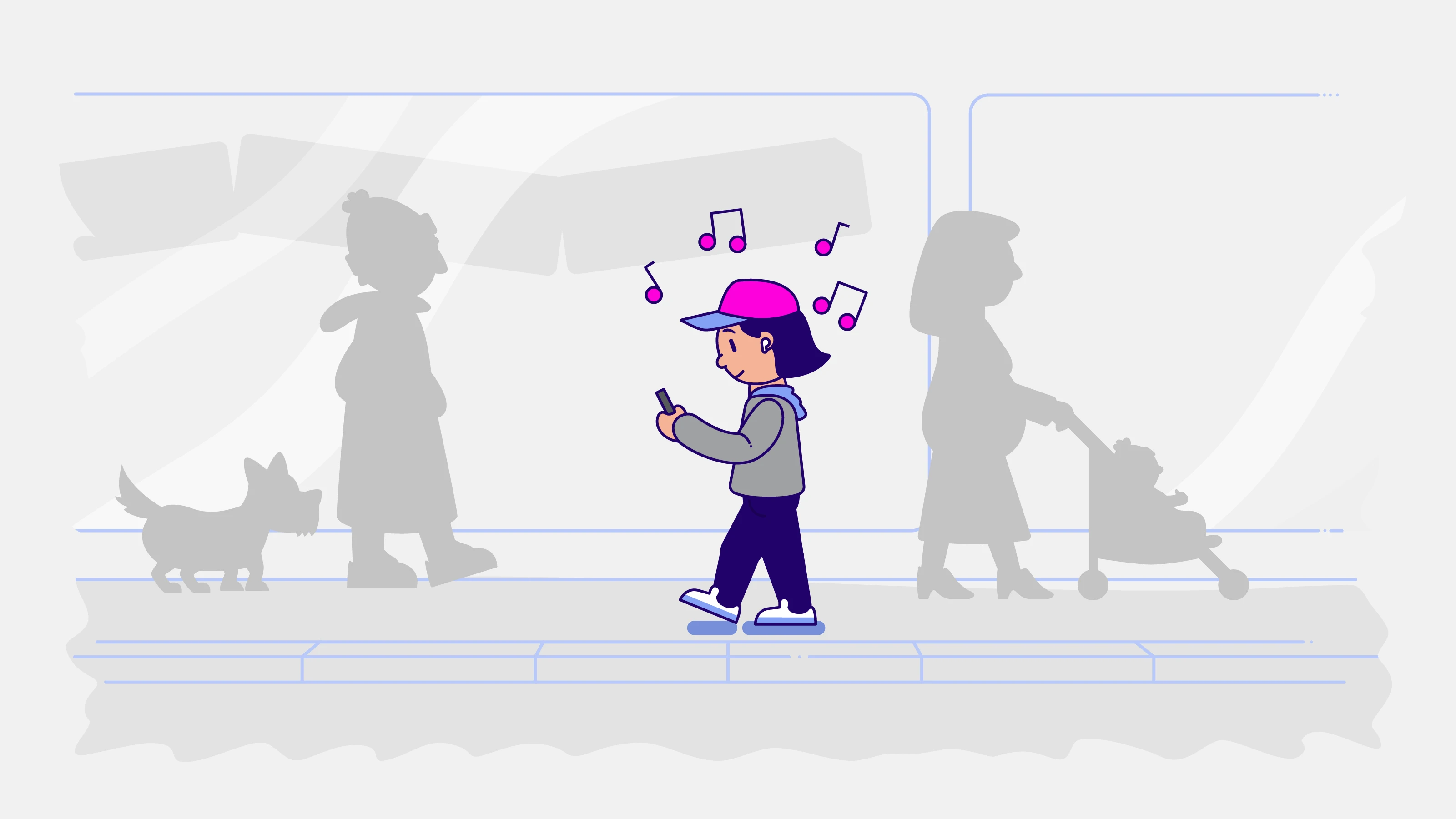 Illustration of a girl walking down a street listening to music
